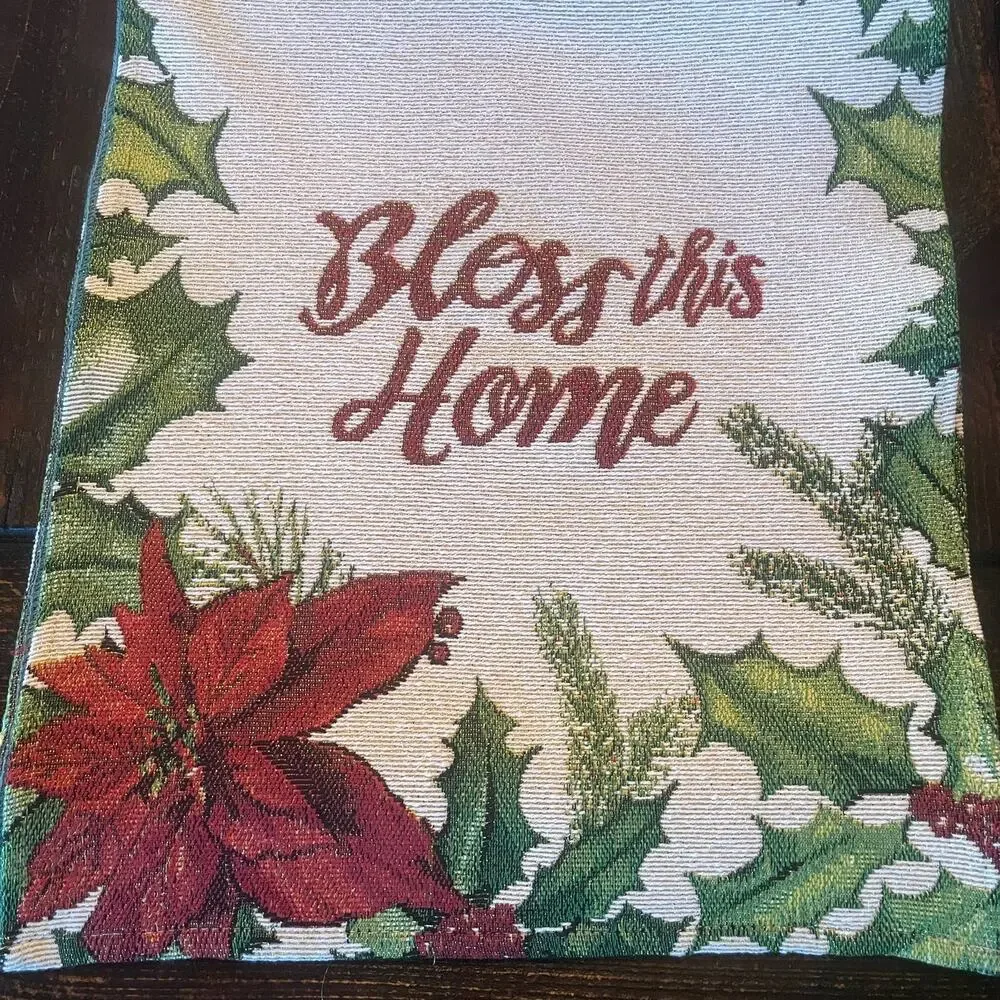 Bless This Home Christmas Poinsettia Tapestry Table Runner 13x70 Cream Red NWT